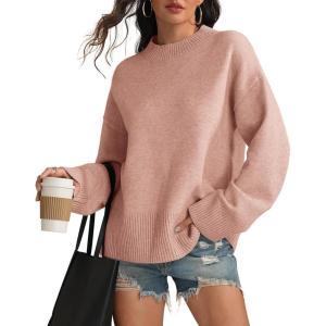 imageATHMILE Sweaters for Women 2025 Fall Fashion Outfits Long Sleeve Loose Casual Crewneck Ribbed Knit Pullover Winter ClothesPink