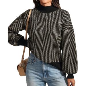 imageATHMILE Womens Fashion Turtleneck Sweater Long Sleeve Plaid Ribbed Knit Loose Pullover Tops Trendy Office OutfitsBrownstripe