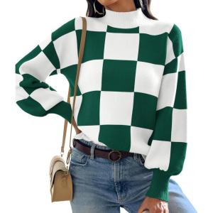 imageATHMILE Womens Fashion Turtleneck Sweater Long Sleeve Plaid Ribbed Knit Loose Pullover Tops Trendy Office OutfitsDarkgreenplaid