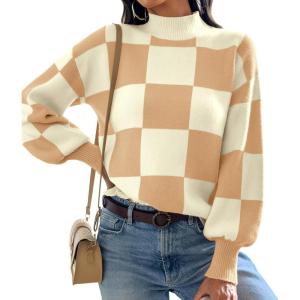 imageATHMILE Womens Fashion Turtleneck Sweater Long Sleeve Plaid Ribbed Knit Loose Pullover Tops Trendy Office OutfitsKhakiplaid