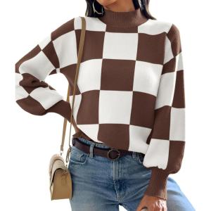 imageATHMILE Womens Fashion Turtleneck Sweater Long Sleeve Plaid Ribbed Knit Loose Pullover Tops Trendy Office OutfitsMocha