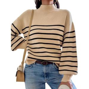 imageATHMILE Womens Fashion Turtleneck Sweater Long Sleeve Plaid Ribbed Knit Loose Pullover Tops Trendy Office OutfitsOatmeal