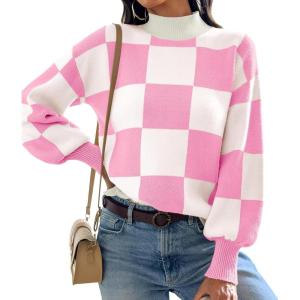 imageATHMILE Womens Fashion Turtleneck Sweater Long Sleeve Plaid Ribbed Knit Loose Pullover Tops Trendy Office OutfitsPinkplaid