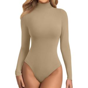 imageATHMILE Womens Mock Turtle Neck Long Sleeve Tops Bodysuit JumpsuitNude