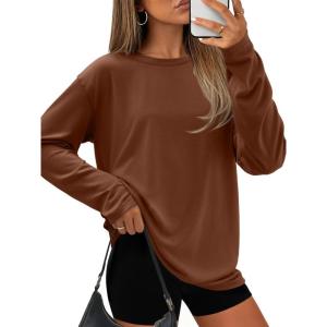 imageATHMILE Womens Oversized Long Sleeve T Shirts Basic Crewneck Tee Fall Tops Casual Workout Fashion Casual Y2K ClothesLight Brown