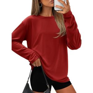 imageATHMILE Womens Oversized Long Sleeve T Shirts Basic Crewneck Tee Fall Tops Casual Workout Fashion Casual Y2K ClothesRed