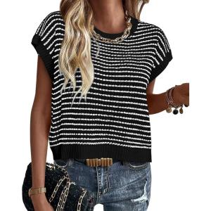 imageATHMILE Womens Short Sleeve Sweater Spring Summer Striped Round Neck Pullover Cap Sleeve Knit Cute Fashion Vest TopsBlack