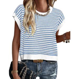 imageATHMILE Womens Short Sleeve Sweater Spring Summer Striped Round Neck Pullover Cap Sleeve Knit Cute Fashion Vest TopsBlue