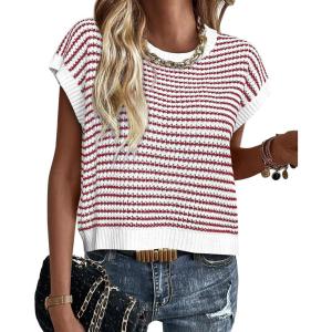 imageATHMILE Womens Short Sleeve Sweater Spring Summer Striped Round Neck Pullover Cap Sleeve Knit Cute Fashion Vest TopsRed