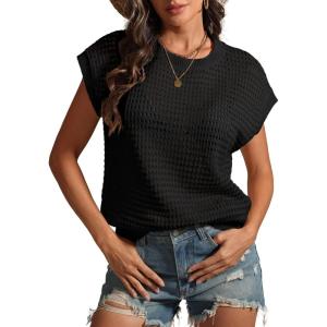 imageATHMILE Womens Spring Tops Summer Shirts Beach Vacation Crochet Cap Sleeve Knit Sweater Pullover Cute Fashion ClothesBlack