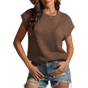 imageATHMILE Womens Spring Tops Summer Shirts Beach Vacation Crochet Cap Sleeve Knit Sweater Pullover Cute Fashion ClothesCoffee