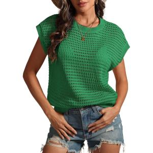imageATHMILE Womens Spring Tops Summer Shirts Beach Vacation Crochet Cap Sleeve Knit Sweater Pullover Cute Fashion ClothesGreen