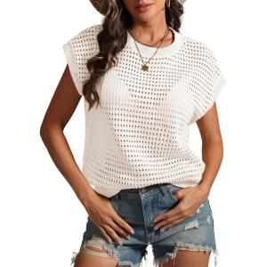 imageATHMILE Womens Spring Tops Summer Shirts Beach Vacation Crochet Cap Sleeve Knit Sweater Pullover Cute Fashion ClothesWhite