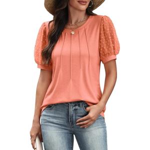 imageATHMILE Womens Summer Tops Pleated Crew Neck T Shirts Swiss Dot Puff Sleeve Loose Casual Blouses Trendy Date OutfitsCoral Pink