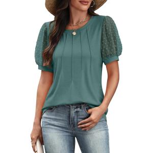 imageATHMILE Womens Summer Tops Pleated Crew Neck T Shirts Swiss Dot Puff Sleeve Loose Casual Blouses Trendy Date OutfitsGreen Teal