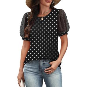 imageATHMILE Womens Summer Tops Pleated Crew Neck T Shirts Swiss Dot Puff Sleeve Loose Casual Blouses Trendy Date OutfitsPolka Dots