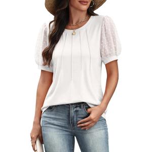 imageATHMILE Womens Summer Tops Pleated Crew Neck T Shirts Swiss Dot Puff Sleeve Loose Casual Blouses Trendy Date OutfitsWhite