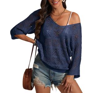 imageATHMILE Womens Sweater Spring Summer Crochet Hollow Out 34 Sleeve Pullover Sweater Off Shoulder Sweater 2025Navy Blue