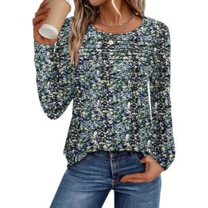 imageATHMILE Womens Tops Trendy Long Sleeve Shirts for Women Loose Fit Dressy Casual Blouses Pleated Tunic Tops for LeggingsFloral Blue