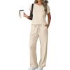 imageATHMILE Two Piece Sets for Women Casual Summer Travel Outfits Cap Sleeve Vacation Cap Sleeve Wide Leg Pants Lounge SetBeige