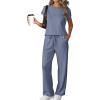 imageATHMILE Two Piece Sets for Women Casual Summer Travel Outfits Cap Sleeve Vacation Cap Sleeve Wide Leg Pants Lounge SetBlue