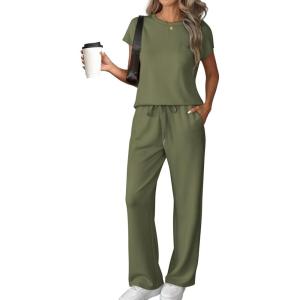 imageATHMILE Two Piece Sets for Women Casual Summer Travel Outfits Cap Sleeve Vacation Cap Sleeve Wide Leg Pants Lounge SetGreen