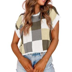 imageATHMILE Womens Cap Sleeve Tops Color Block Crop Sweater Going Out Crew Neck Knit Shirts Business Casual OutfitsKhaki