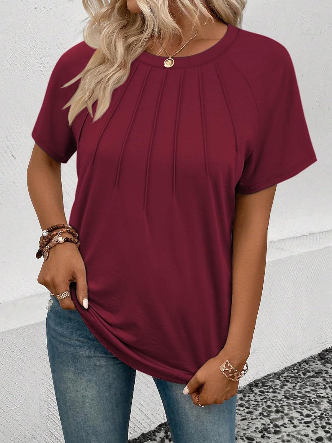 imageATHMILE Womens Short Sleeve Shirts Trendy Dressy Tops Business Casual Tee Fashion Knitted Blouses Y2k Outfits 2025Wine Red