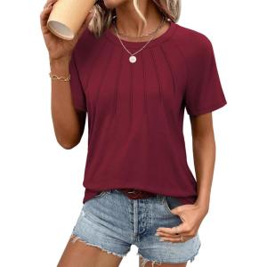 imageATHMILE Womens Short Sleeve Shirts Trendy Dressy Tops Business Casual Tee Fashion Knitted Blouses Y2k Outfits 2025Wine Red