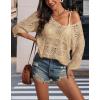 imageATHMILE Off The Shoulder Tops for Women Summer Crochet Hollow Out 34 Sleeve Pullover Sweater Beach Coverup Vacation ClothesCamel