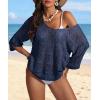 imageATHMILE Off The Shoulder Tops for Women Summer Crochet Hollow Out 34 Sleeve Pullover Sweater Beach Coverup Vacation ClothesNavy Blue