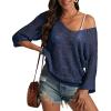 imageATHMILE Off The Shoulder Tops for Women Summer Crochet Hollow Out 34 Sleeve Pullover Sweater Beach Coverup Vacation ClothesNavy Blue