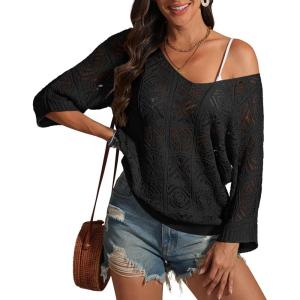 imageATHMILE Off The Shoulder Tops for Women Summer Crochet Hollow Out 34 Sleeve Pullover Sweater Beach Coverup Vacation ClothesBlack