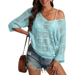 imageATHMILE Off The Shoulder Tops for Women Summer Crochet Hollow Out 34 Sleeve Pullover Sweater Beach Coverup Vacation ClothesLight Blue