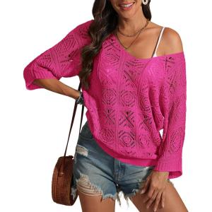 imageATHMILE Off The Shoulder Tops for Women Summer Crochet Hollow Out 34 Sleeve Pullover Sweater Beach Coverup Vacation ClothesRose Red