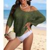 imageATHMILE Off The Shoulder Tops for Women Summer Crochet Hollow Out 34 Sleeve Pullover Sweater Beach Cover up Vacation ClothesArmy Green