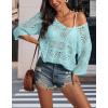 imageATHMILE Off The Shoulder Tops for Women Summer Crochet Hollow Out 34 Sleeve Pullover Sweater Beach Cover up Vacation ClothesLight Blue