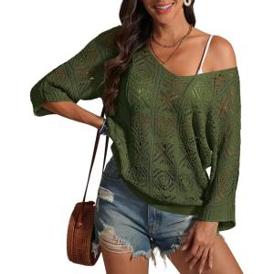 imageATHMILE Off The Shoulder Tops for Women Summer Crochet Hollow Out 34 Sleeve Pullover Sweater Beach Cover up Vacation ClothesArmy Green