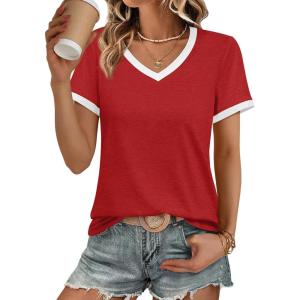 imageATHMILE Womens Short Sleeve TShirts Spring Summer Tops Casual Soft Tunic V Neck Basic Workout Clothes Fashion Outfits 2026Red