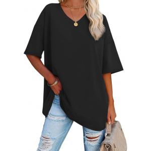 imageATHMILE Womens Oversized Shirts V Neck Plus Size Spring Workout Summer Tops Beach Vacation 2026 Gym Clothes Basic TeeBlack