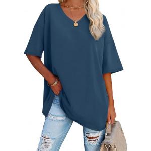 imageATHMILE Womens Oversized Shirts V Neck Plus Size Spring Workout Summer Tops Beach Vacation 2026 Gym Clothes Basic TeeBlue