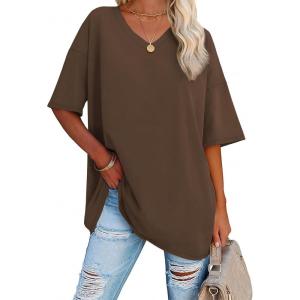 imageATHMILE Womens Oversized Shirts V Neck Plus Size Spring Workout Summer Tops Beach Vacation 2026 Gym Clothes Basic TeeBrown