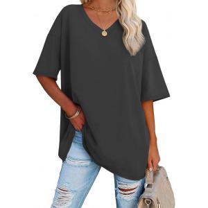 imageATHMILE Womens Oversized Shirts V Neck Plus Size Spring Workout Summer Tops Beach Vacation 2026 Gym Clothes Basic TeeDark Gray