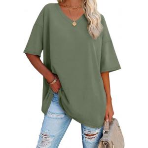 imageATHMILE Womens Oversized Shirts V Neck Plus Size Spring Workout Summer Tops Beach Vacation 2026 Gym Clothes Basic TeeDark Gray Green
