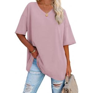 imageATHMILE Womens Oversized Shirts V Neck Plus Size Spring Workout Summer Tops Beach Vacation 2026 Gym Clothes Basic TeeDark Pink