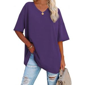 imageATHMILE Womens Oversized Shirts V Neck Plus Size Spring Workout Summer Tops Beach Vacation 2026 Gym Clothes Basic TeeDark Purple