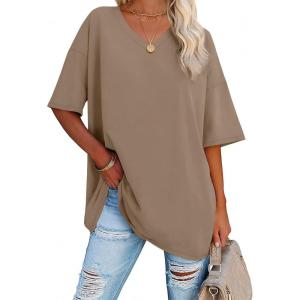 imageATHMILE Womens Oversized Shirts V Neck Plus Size Spring Workout Summer Tops Beach Vacation 2026 Gym Clothes Basic TeeDesert