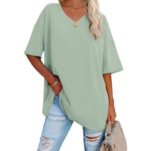 imageATHMILE Womens Oversized Shirts V Neck Plus Size Spring Workout Summer Tops Beach Vacation 2026 Gym Clothes Basic TeeGray Green