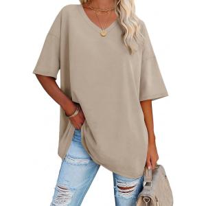 imageATHMILE Womens Oversized Shirts V Neck Plus Size Spring Workout Summer Tops Beach Vacation 2026 Gym Clothes Basic TeeKhaki