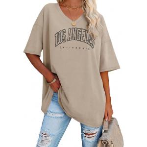 imageATHMILE Womens Oversized Shirts V Neck Plus Size Spring Workout Summer Tops Beach Vacation 2026 Gym Clothes Basic TeeKhaki1